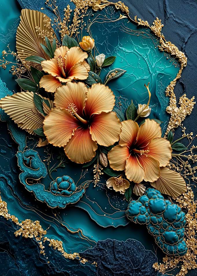 Teal Gold Hibiscus Flower
