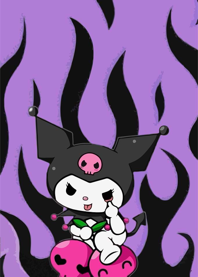 Kuromi Illustration with Flame Background