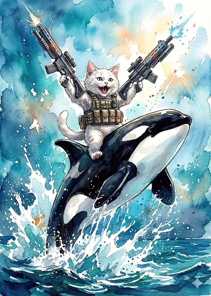 Battle Kitty Rides the Orca Wartercolor