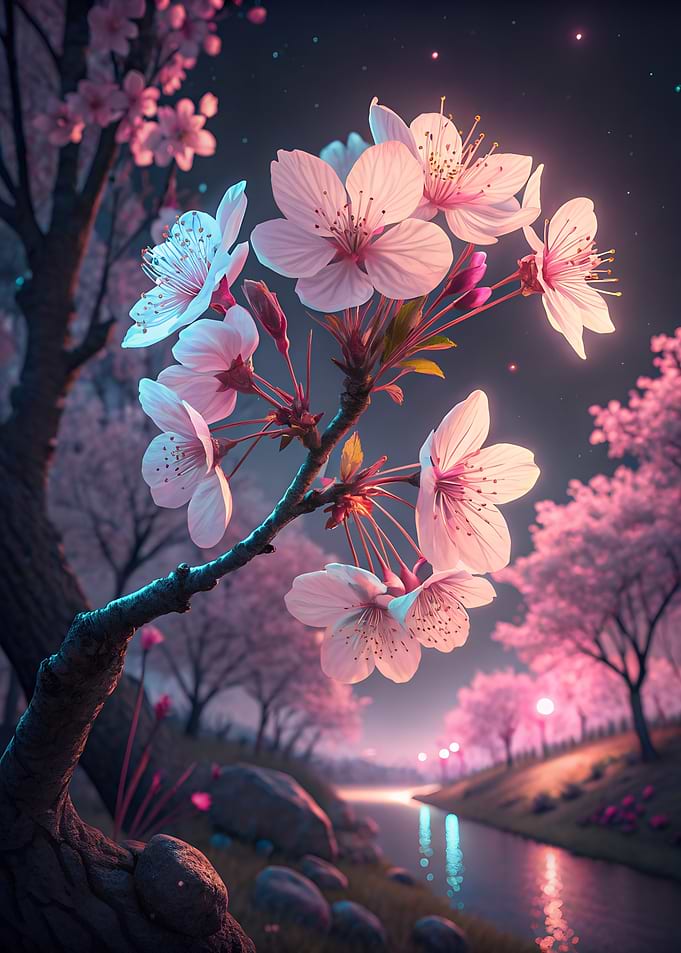 Cherry Blossoms by River at Night