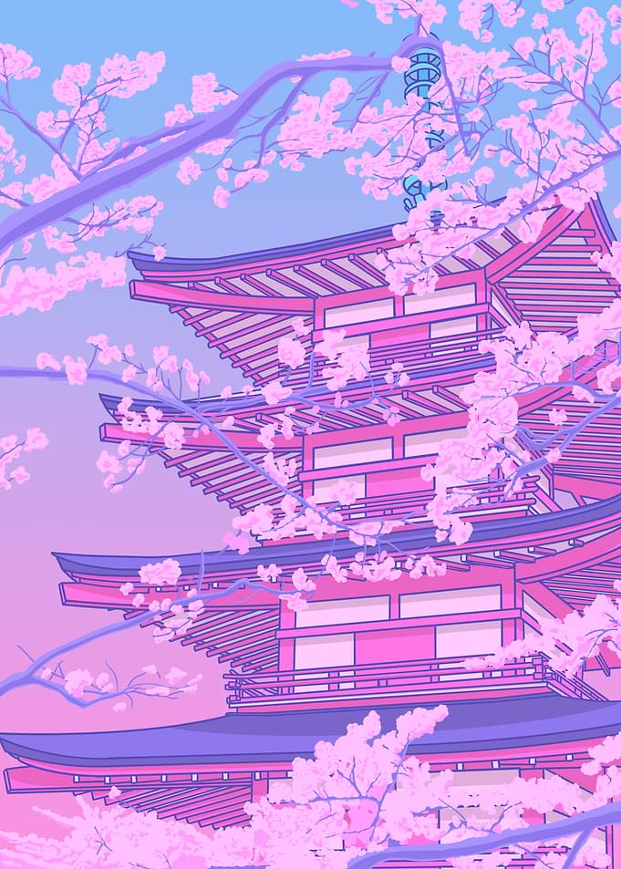 Pink Pagoda with Cherry Blossoms