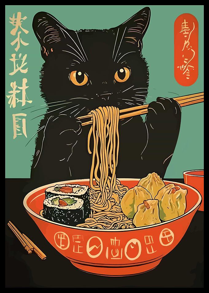 Black Cat Eating Ramen and Sushi