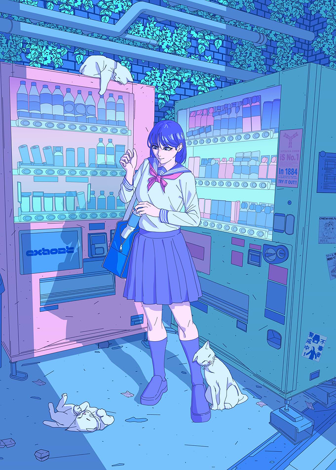 Anime Girl with Vending Machines and Cats