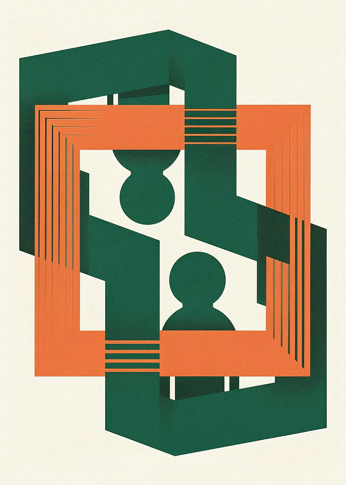 Bauhaus Style Geometric Interlock Emerald and Rust