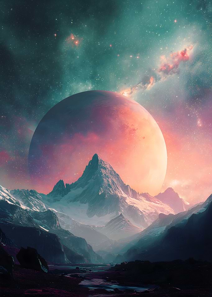 Fantasy Planet Over Mountain Landscape