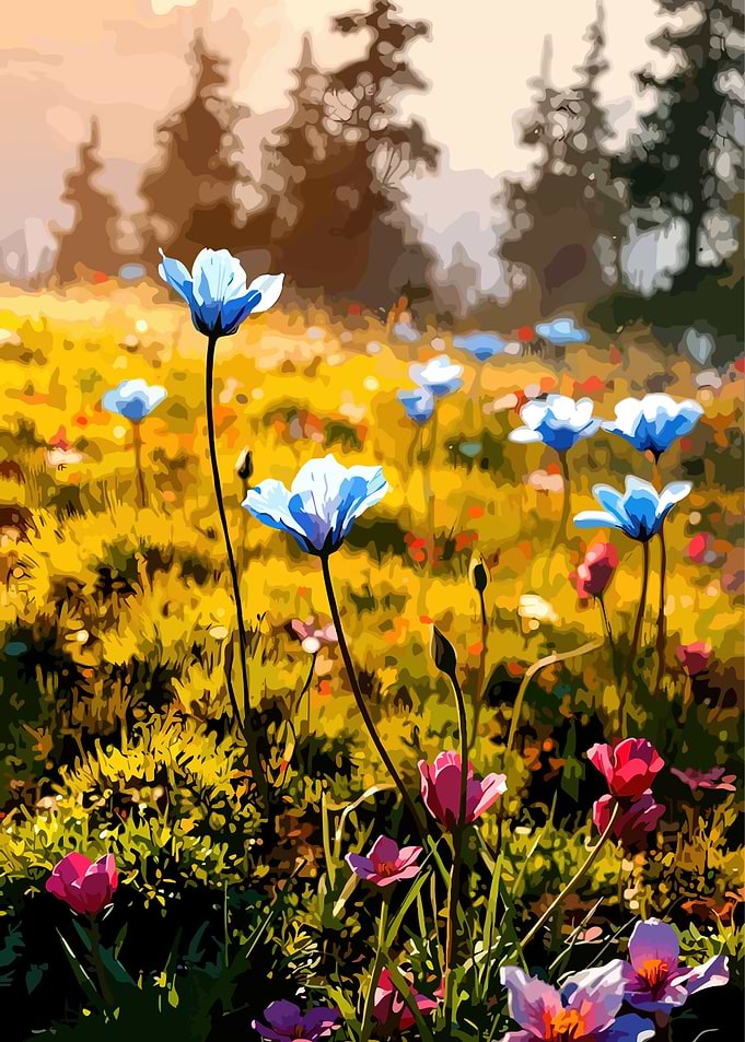 Floral Meadow with Blue and Pink Flowers