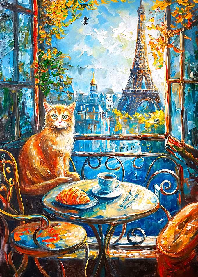 Cat with Eiffel Tower View Painting
