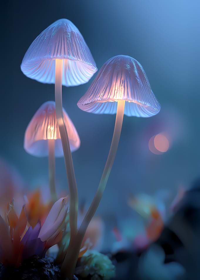Glowing Mushrooms in a Blue Forest