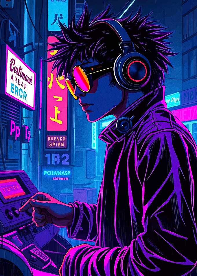 Cyberpunk DJ in Neon Cityscape