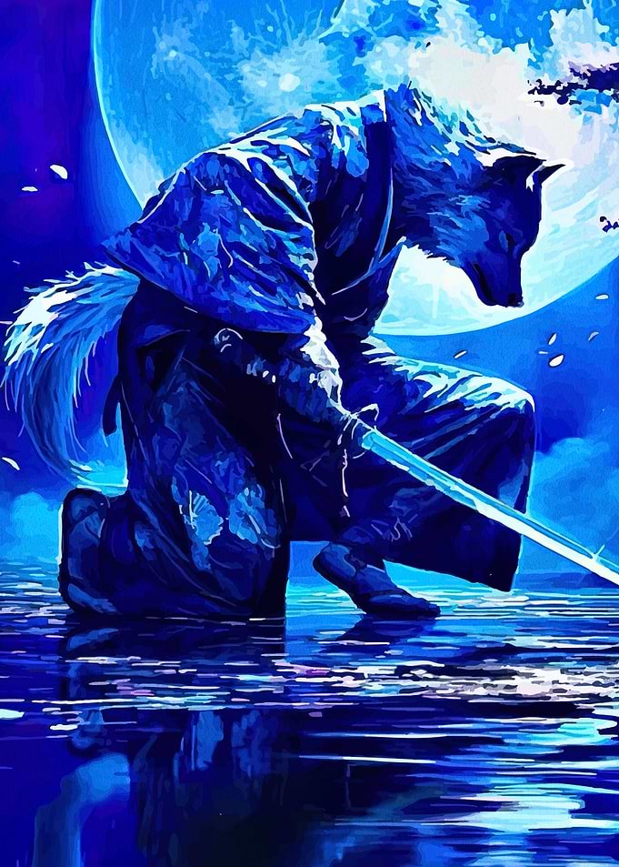 Blue Wolf Samurai Under Moonlight