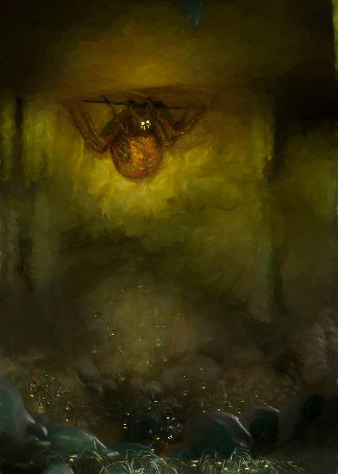 Giant Spider in Dark Cave Painting