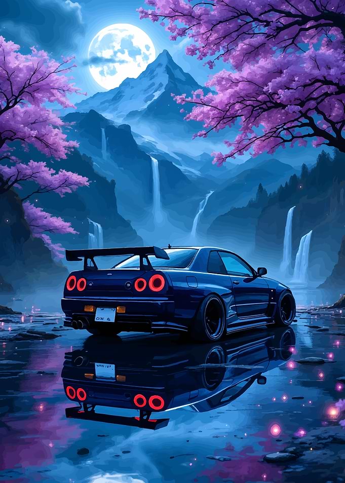 Blue Car with Cherry Blossoms