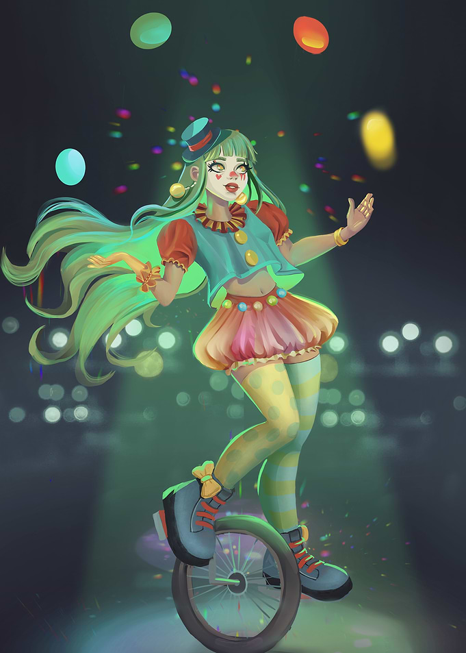 Clown Girl Juggling on Unicycle