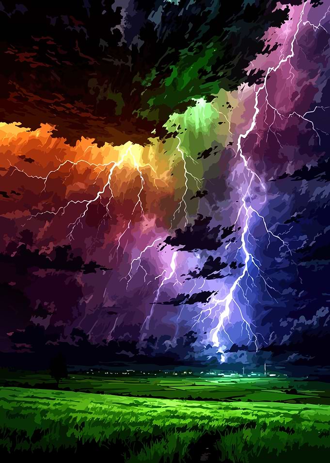 Colorful Lightning Storm Over Green Field