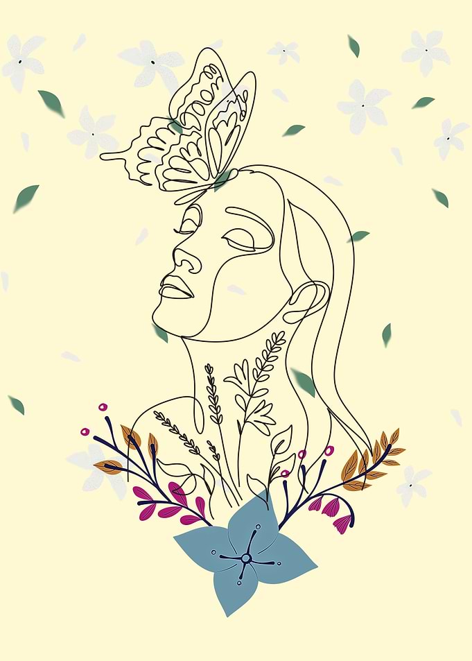Woman with Butterfly and Floral Design