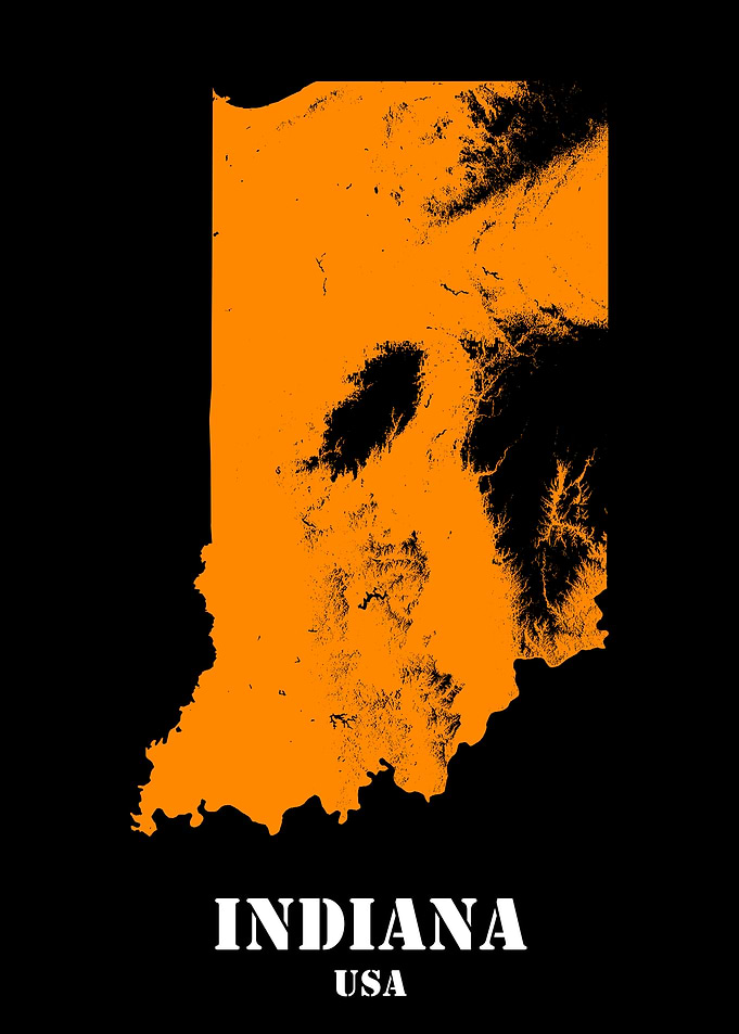 Indiana USA State Minimalist Black Orange Topographic Contour Relief Map featuring terrain in orange color