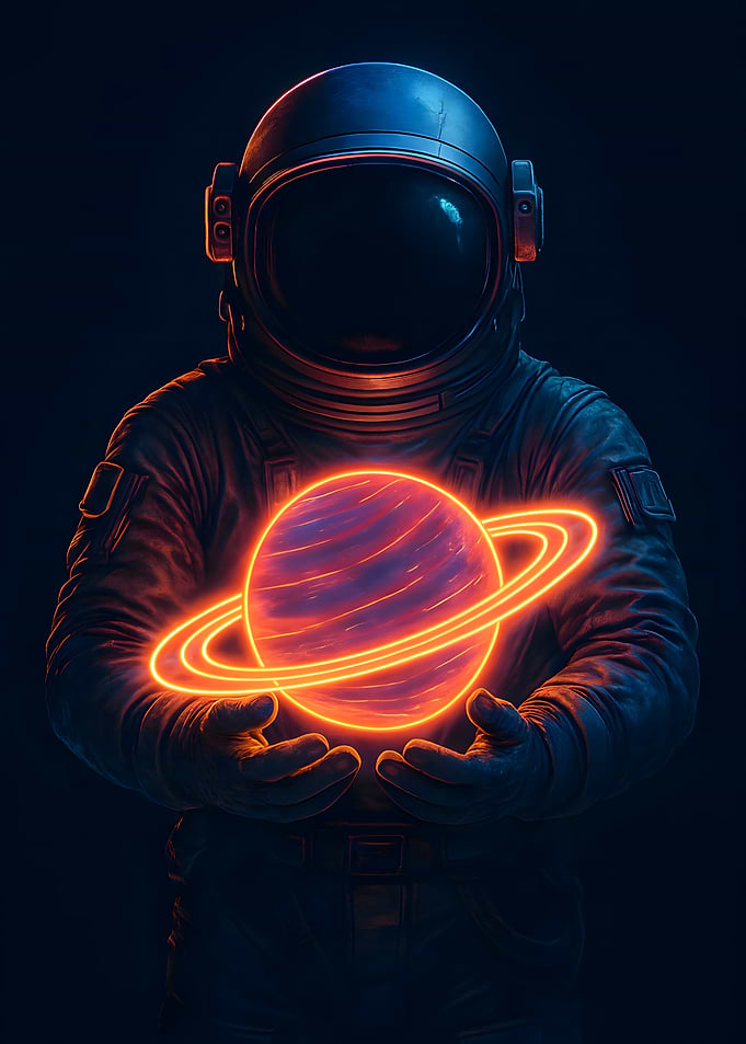 Astronaut Holding Neon Planet