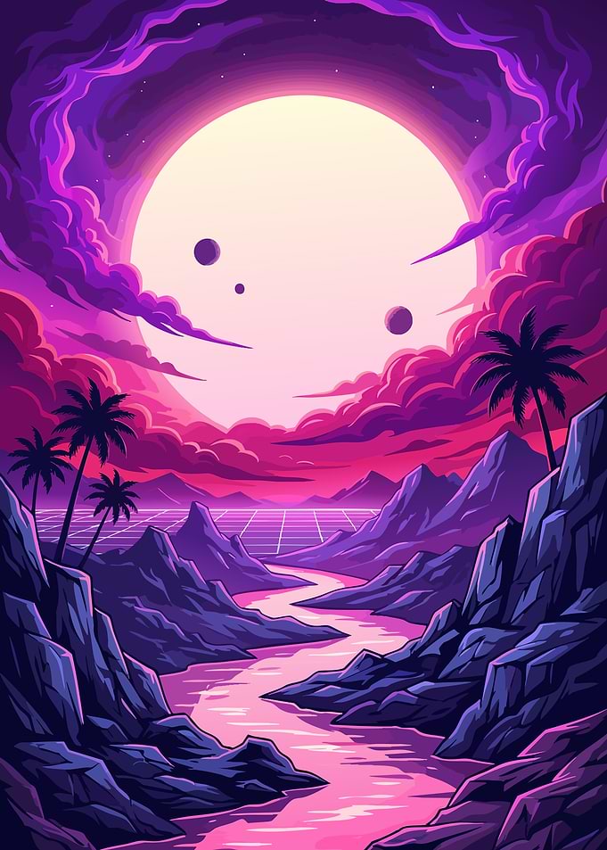 Synthwave Landscape with River and Moon