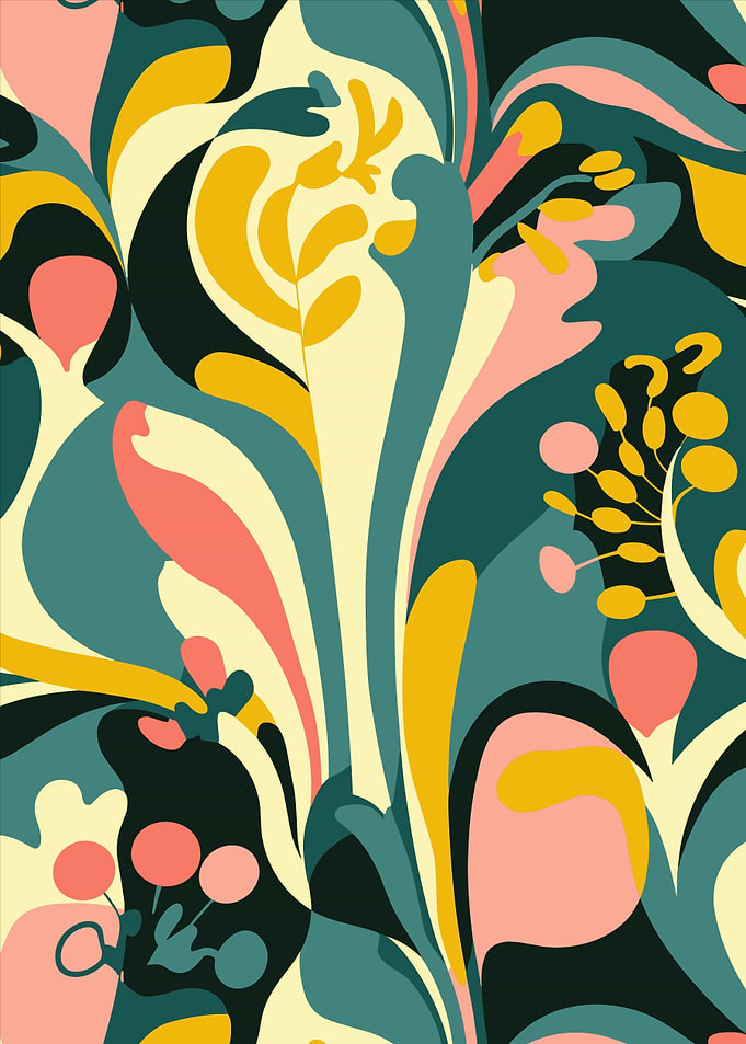 Mid Century Retro Floral Pattern in Teal and Gold