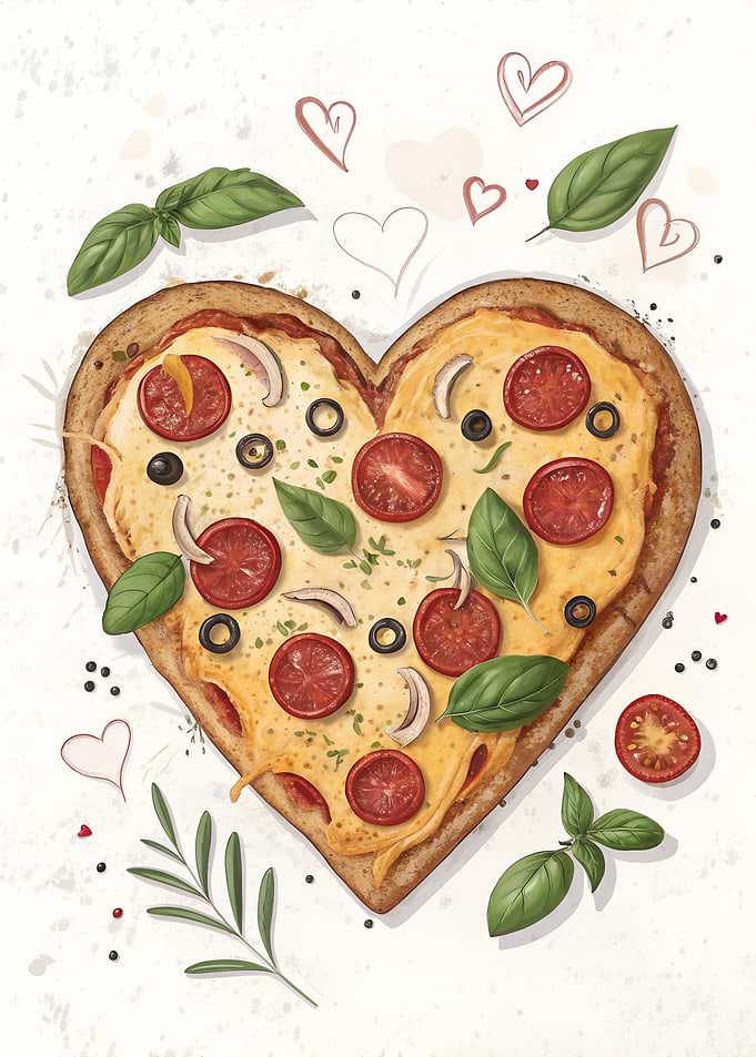Heart-shaped pizza with pepperoni and basil
