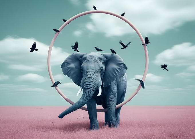 Elephant, Circle, and Crows in Pink Field