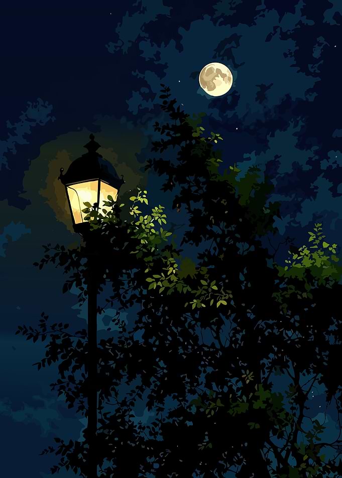 Night Scene with Moon and Lamp