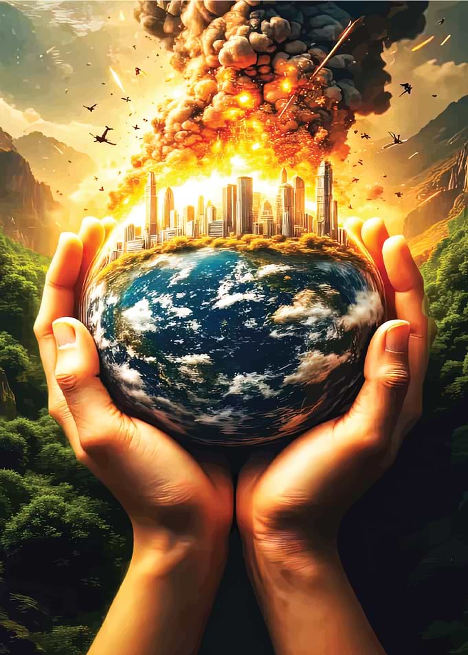 Hands Holding Earth with Cityscape