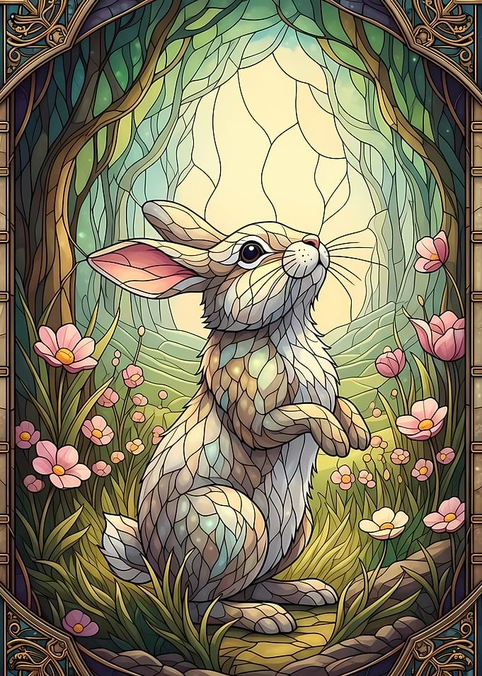 Stained Glass Rabbit in Floral Meadow