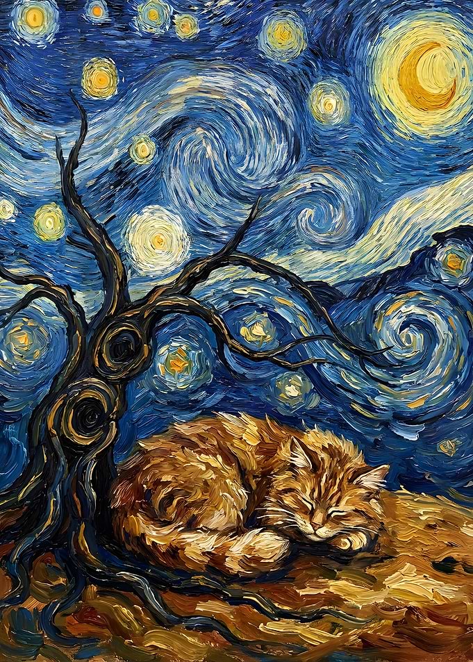 Cat Sleeping Under Starry Night Painting