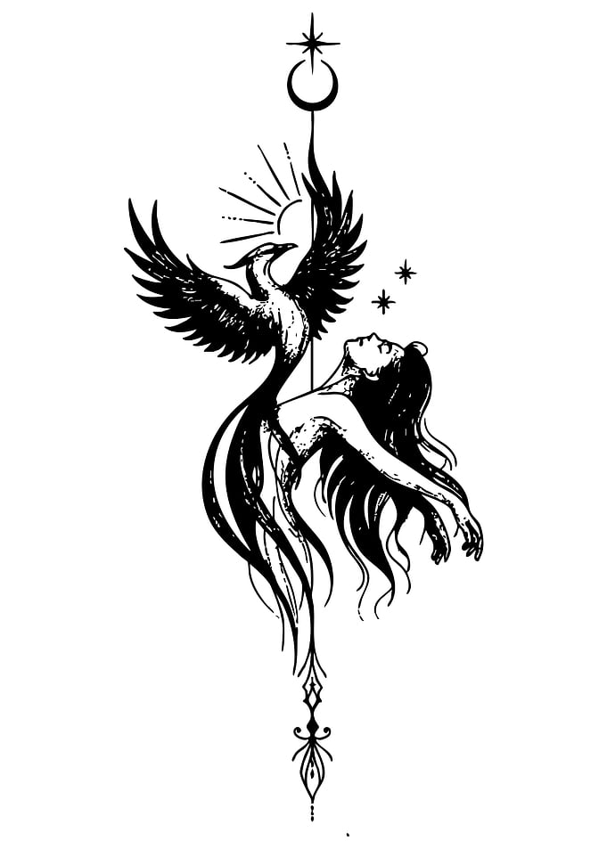 Phoenix and Woman Blackwork Illustration