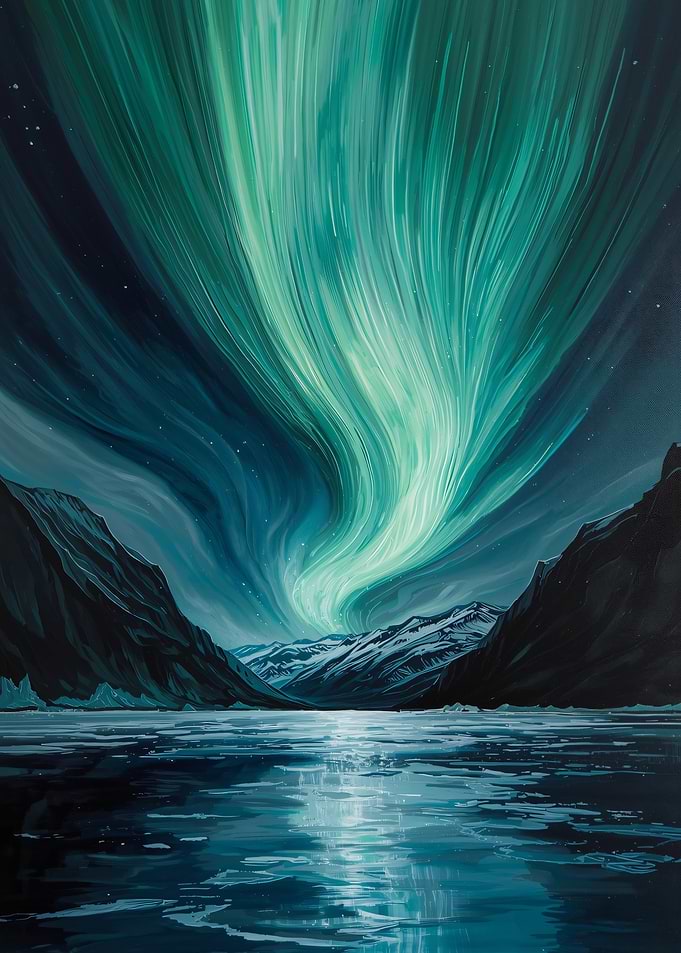 Aurora Borealis over Mountain Lake Painting