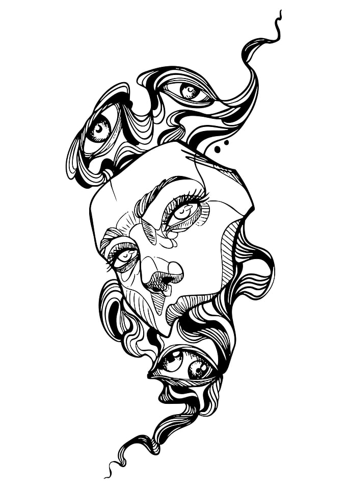Abstract Face with Eyes Ink Drawing