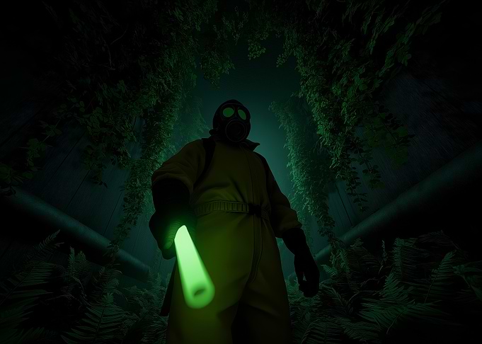 Hazmat Suit in Overgrown Tunnel
