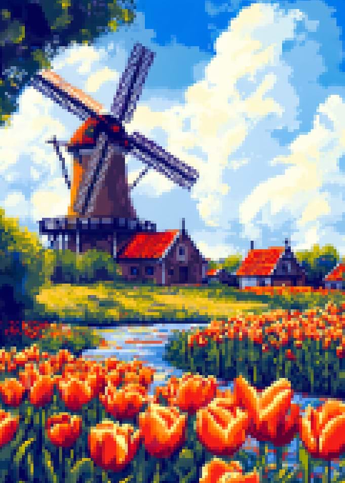 Pixel Art Dutch Landscape with Tulips