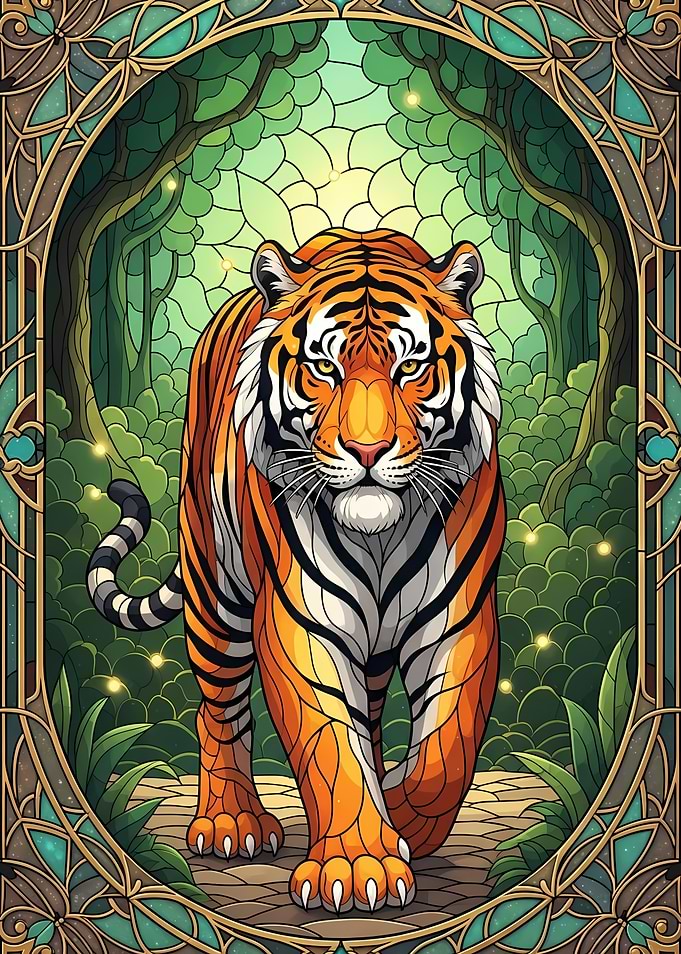 Tiger in Forest Stained Glass Style