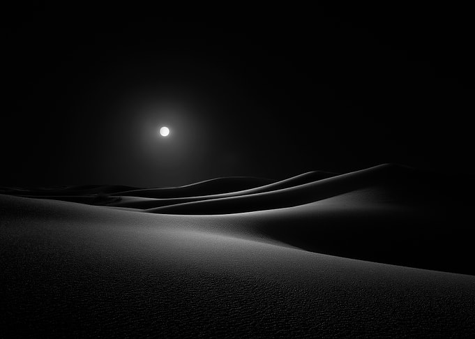 Monochrome Desert Landscape with Moon