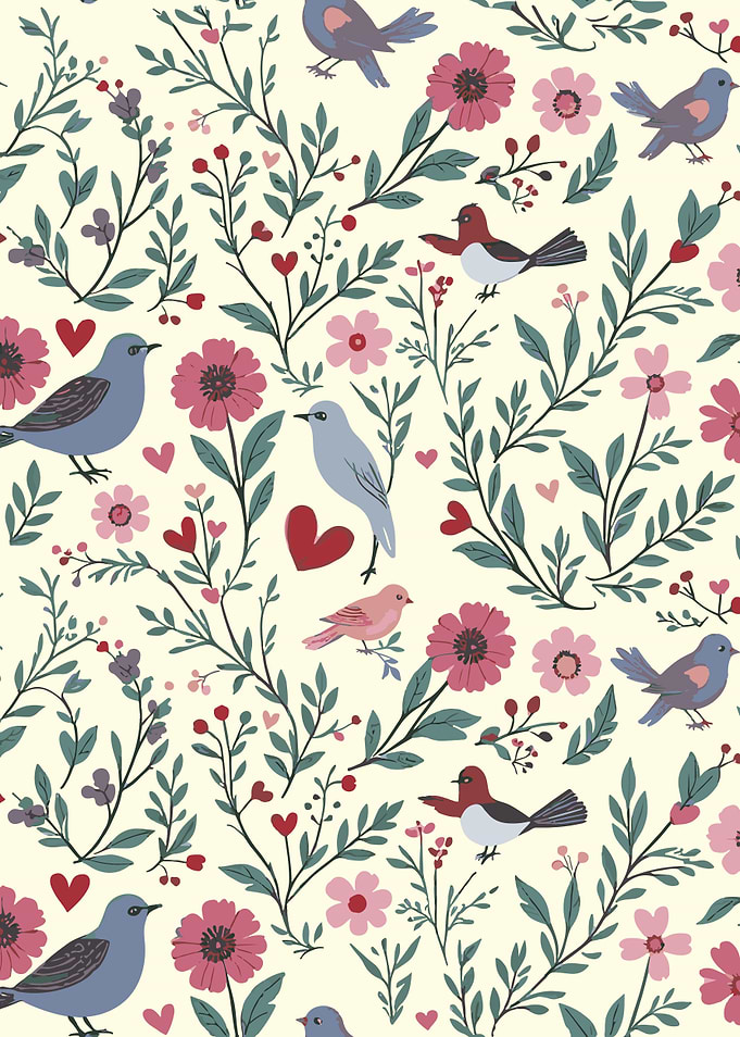 Flowers and birds - St. Valentines Day pattern