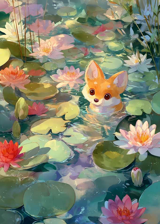 Fox in Water Lilies Pond
