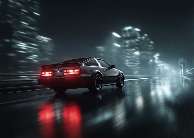Retro car driving in city at night