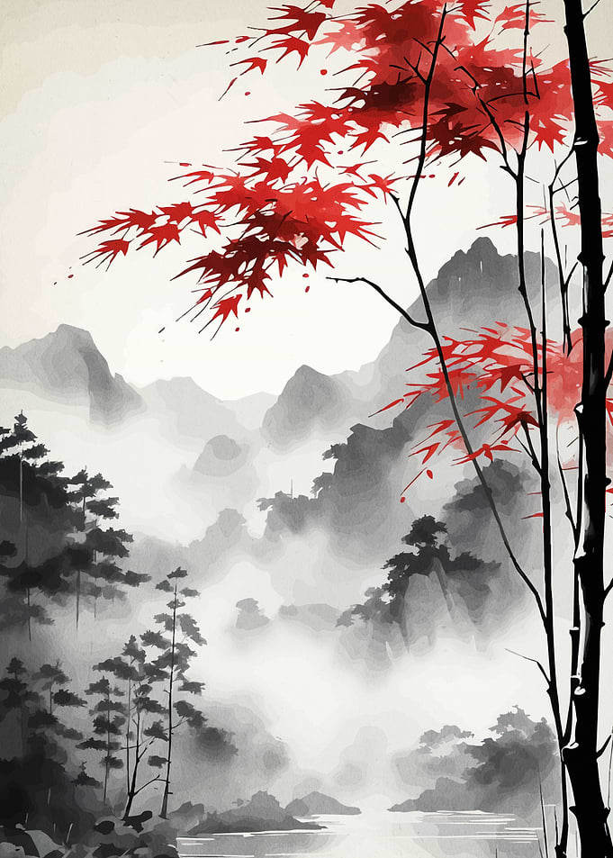 Japanese Landscape Red Maple Leaves