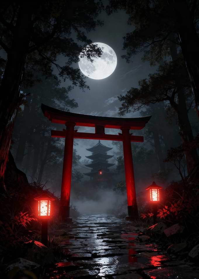 Japanese Temple Gate Under Full Moon