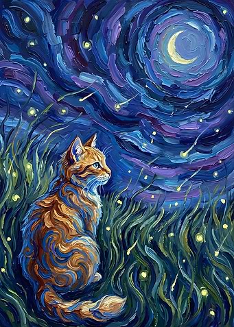 Cat Gazing at Crescent Moon Painting