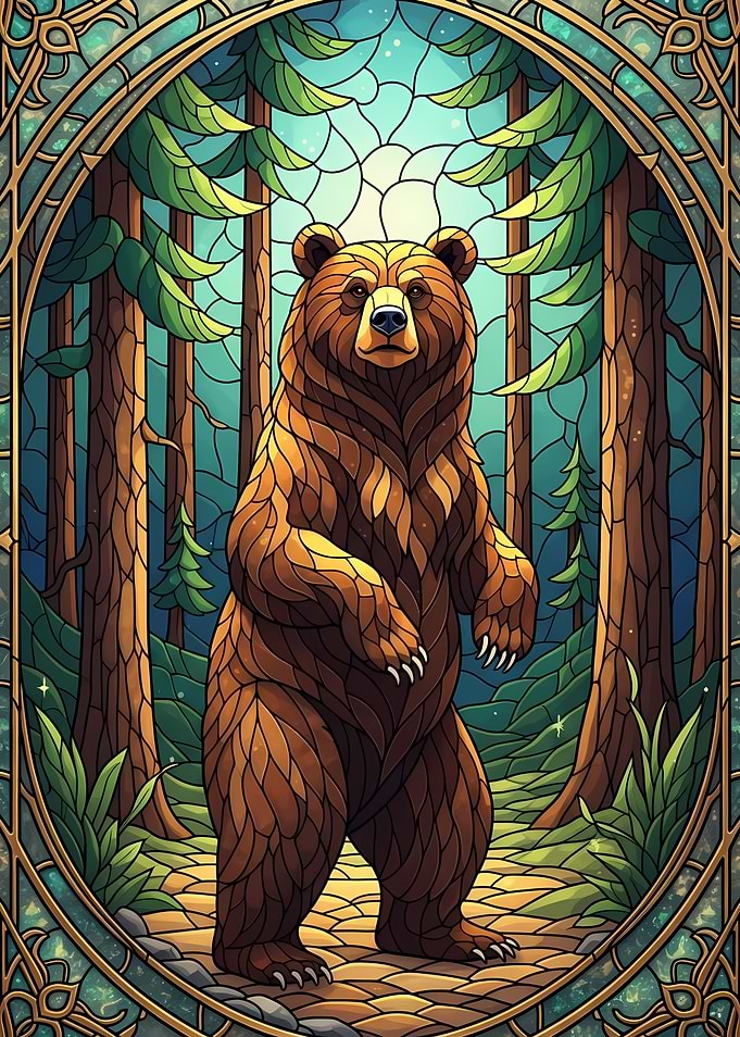 Stained Glass Bear in Forest