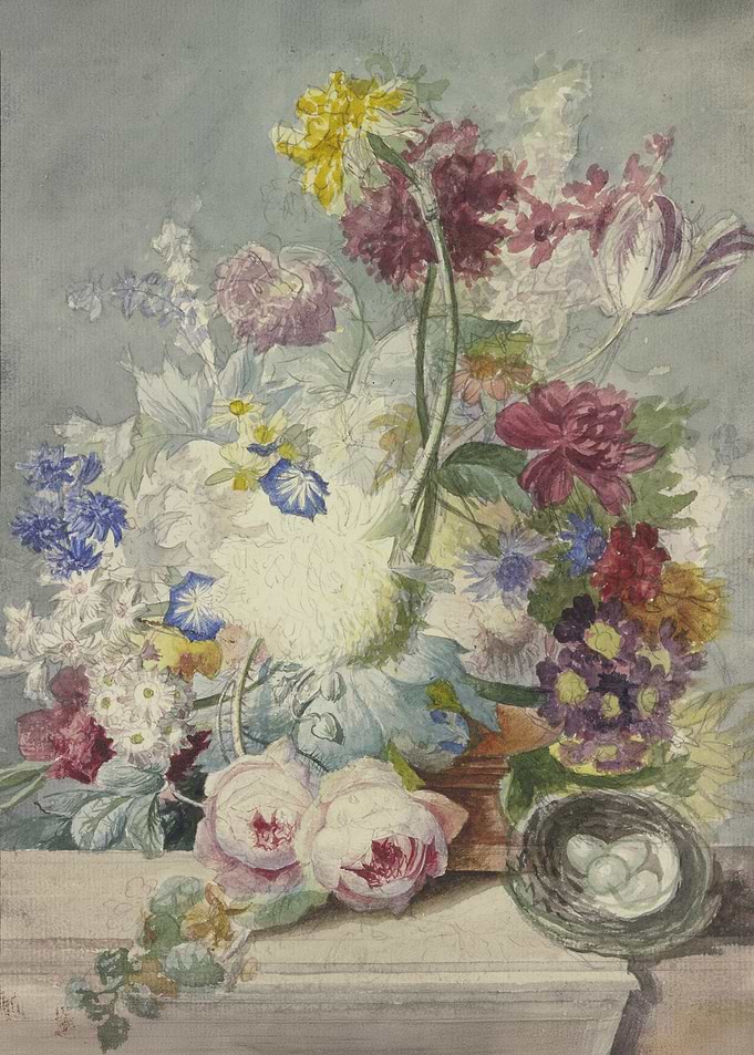 A bouquet of flowers, including a bird's nest with eggs