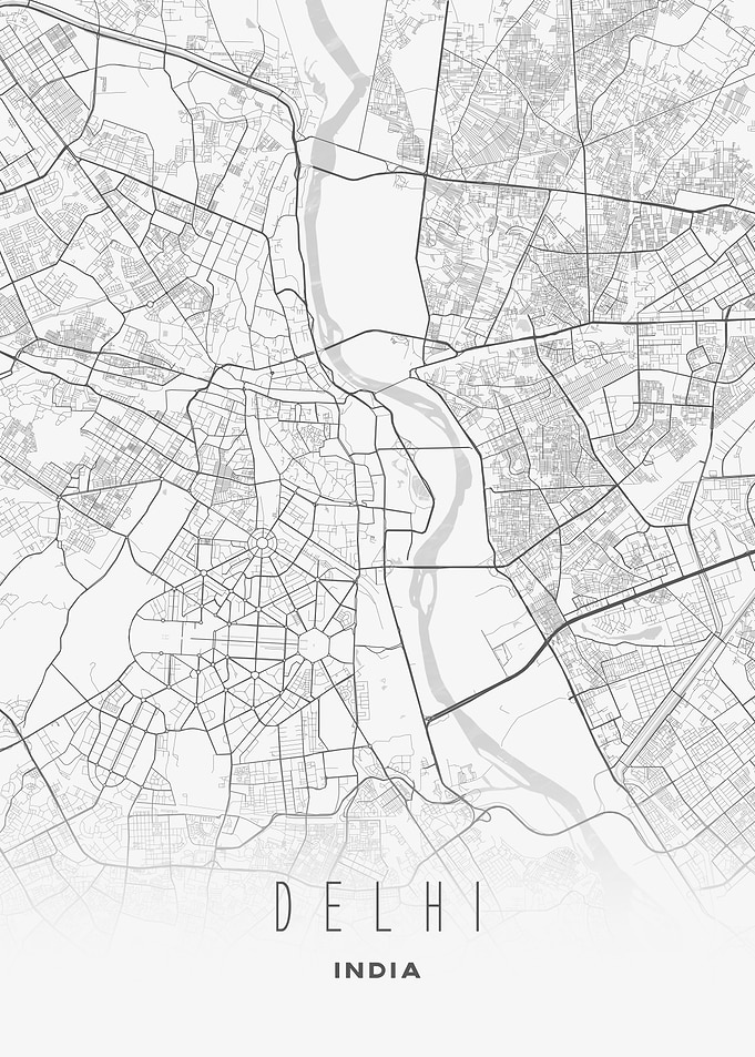 Delhi, India - Minimalist City Map Poster, Intricate Street Network Wall Art