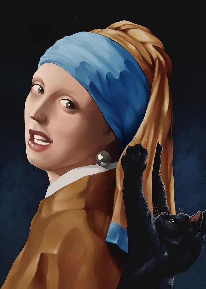 Girl with a Pearl Earring With Black Cat