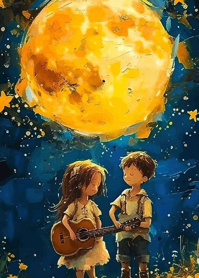 Children Playing Guitar Under the Moon