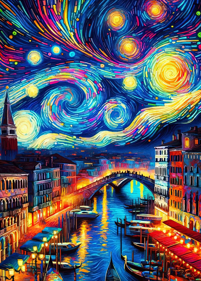 Venice Canal Night Starry Sky Painting