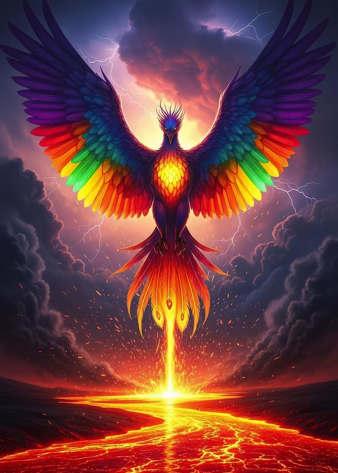 Rainbow Phoenix Rising from Lava