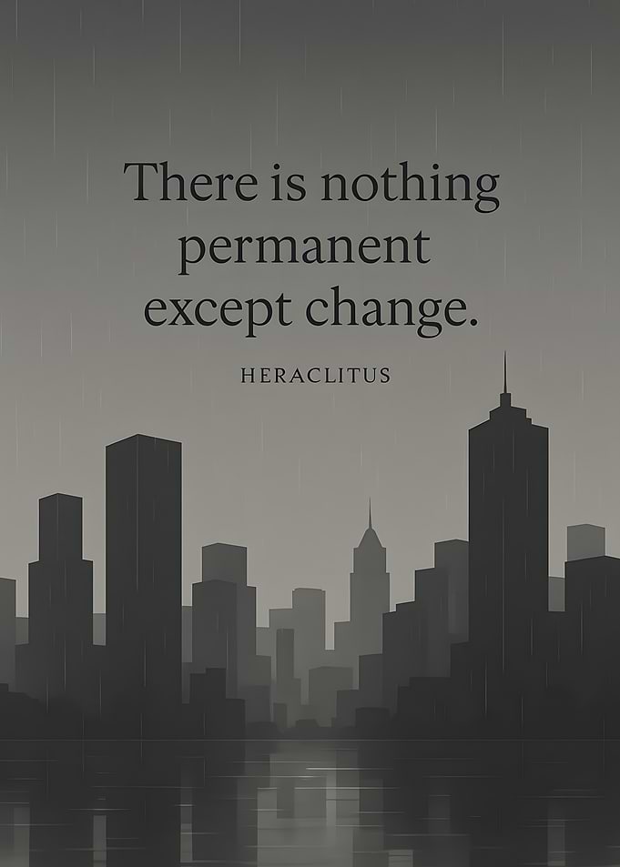 Heraclitus quote over city skyline
